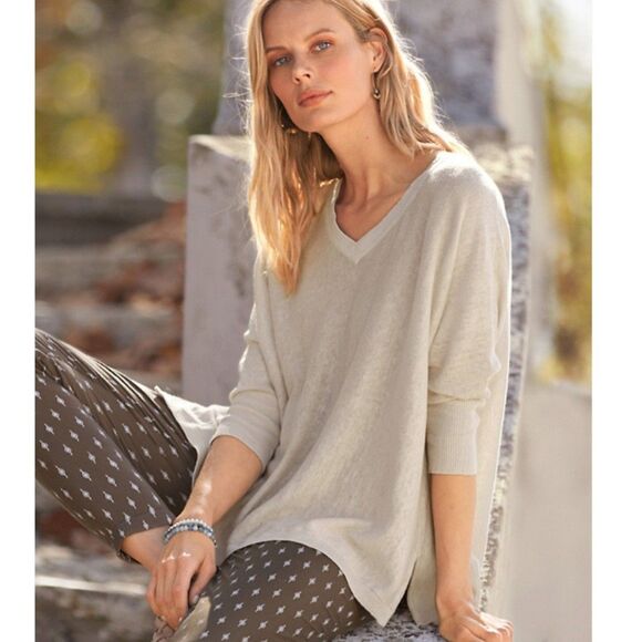 Garnet Hill Linen Sweater Oversized V Neck Boxy Dolman Sleeve Lagenlook Sz Med - Picture 1 of 7